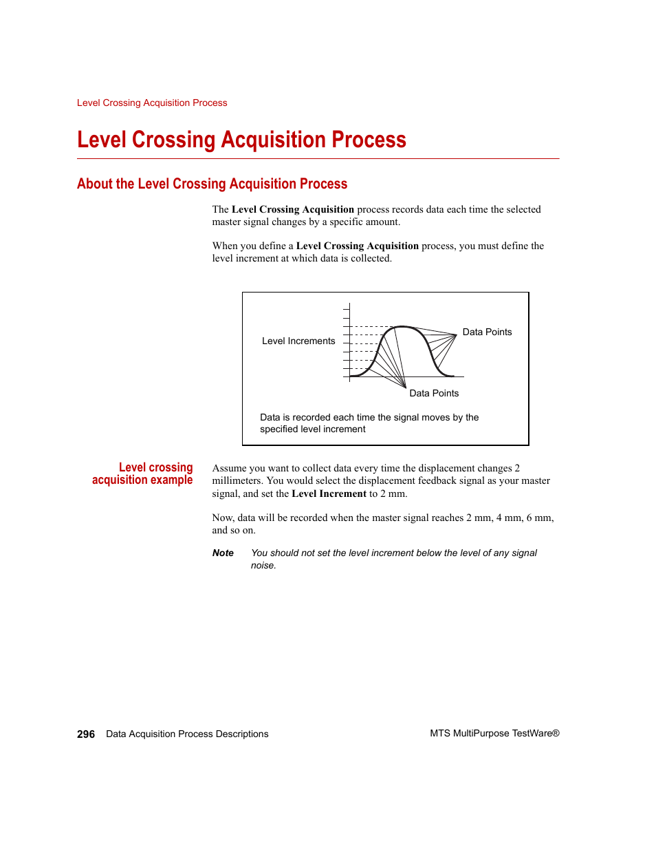 Level crossing acquisition process, About the level crossing acquisition process, Level crossing acquisition process 296 | MTS Series 793 Application User Manual | Page 296 / 576