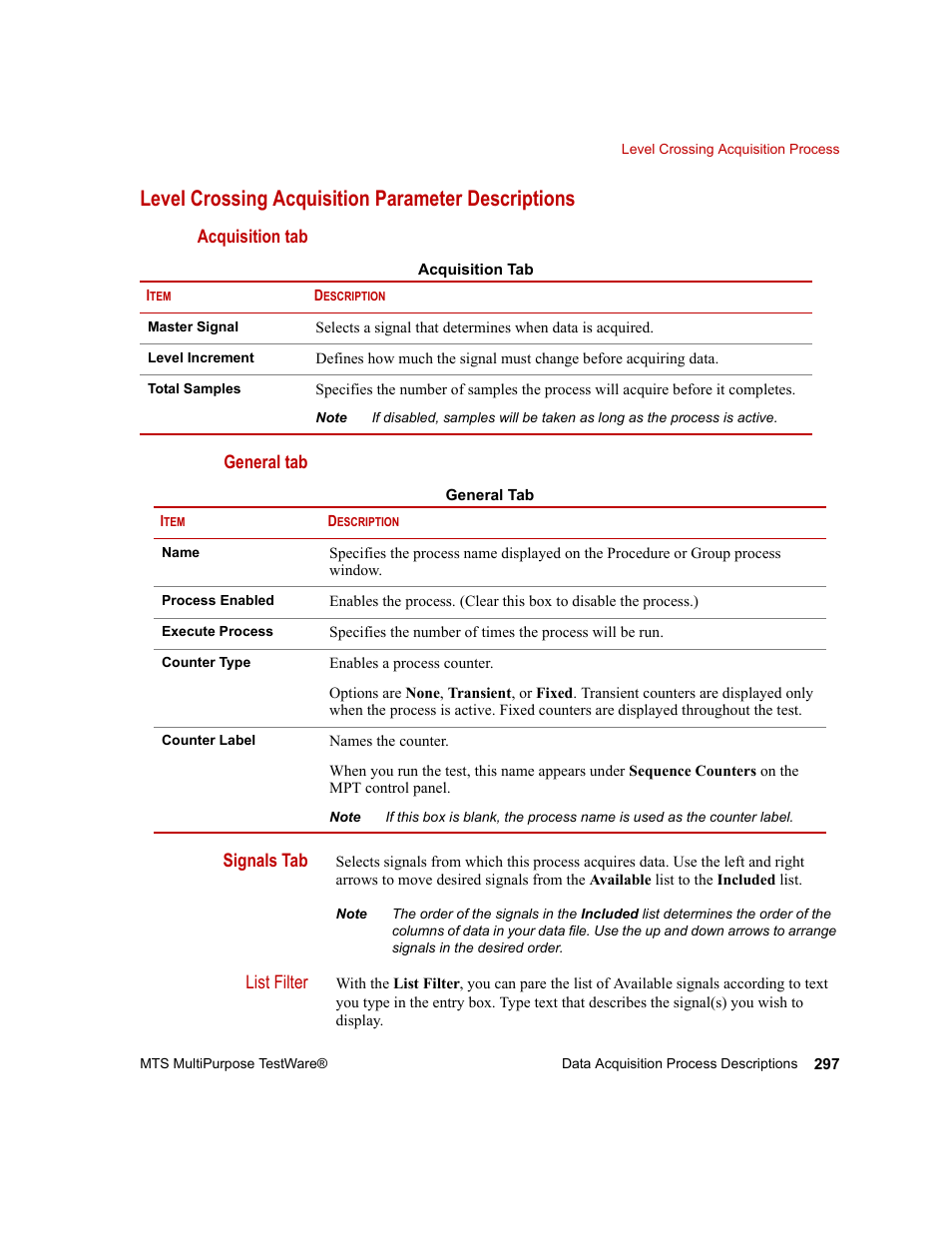 Level crossing acquisition parameter descriptions | MTS Series 793 Application User Manual | Page 297 / 576