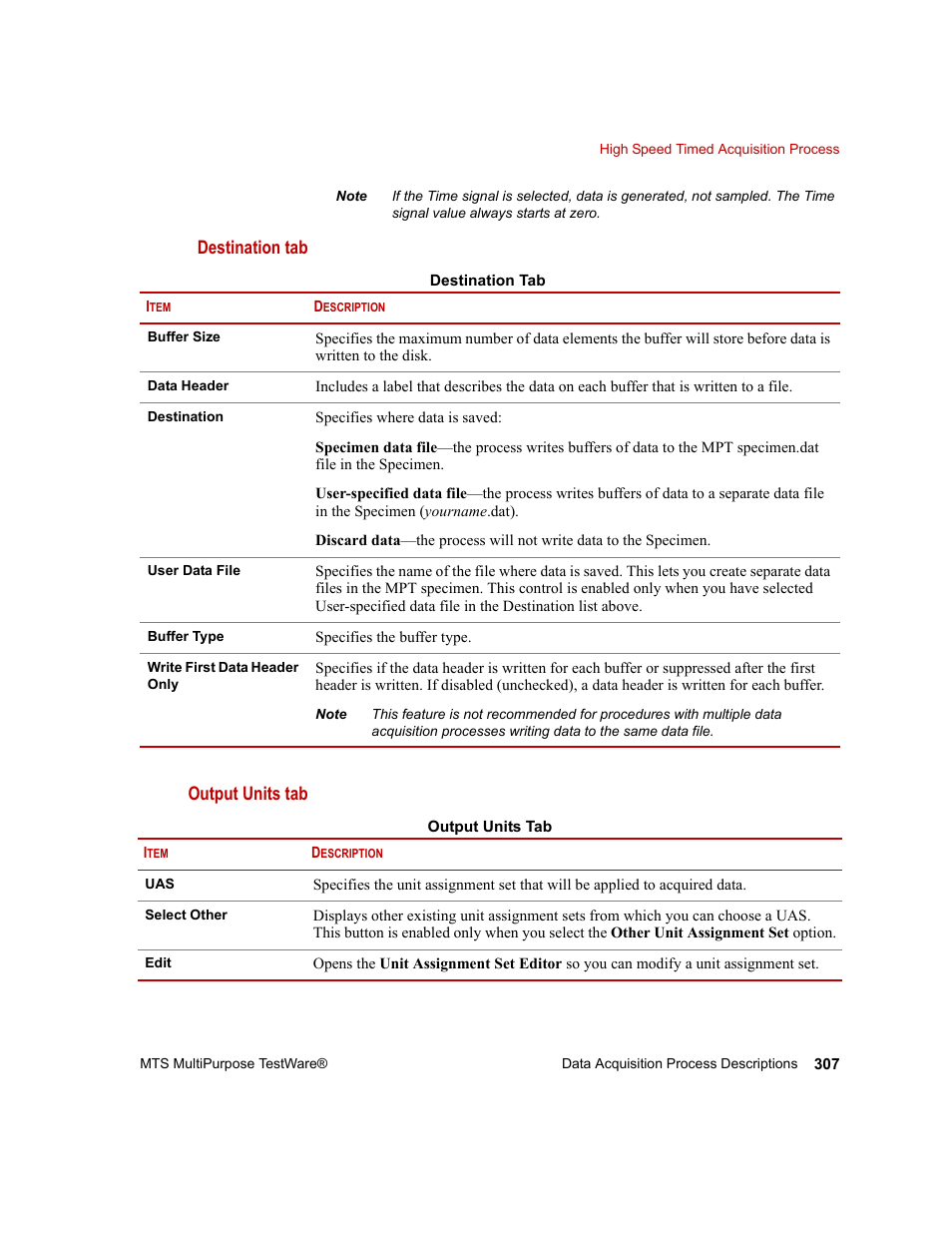 Destination tab output units tab | MTS Series 793 Application User Manual | Page 307 / 576