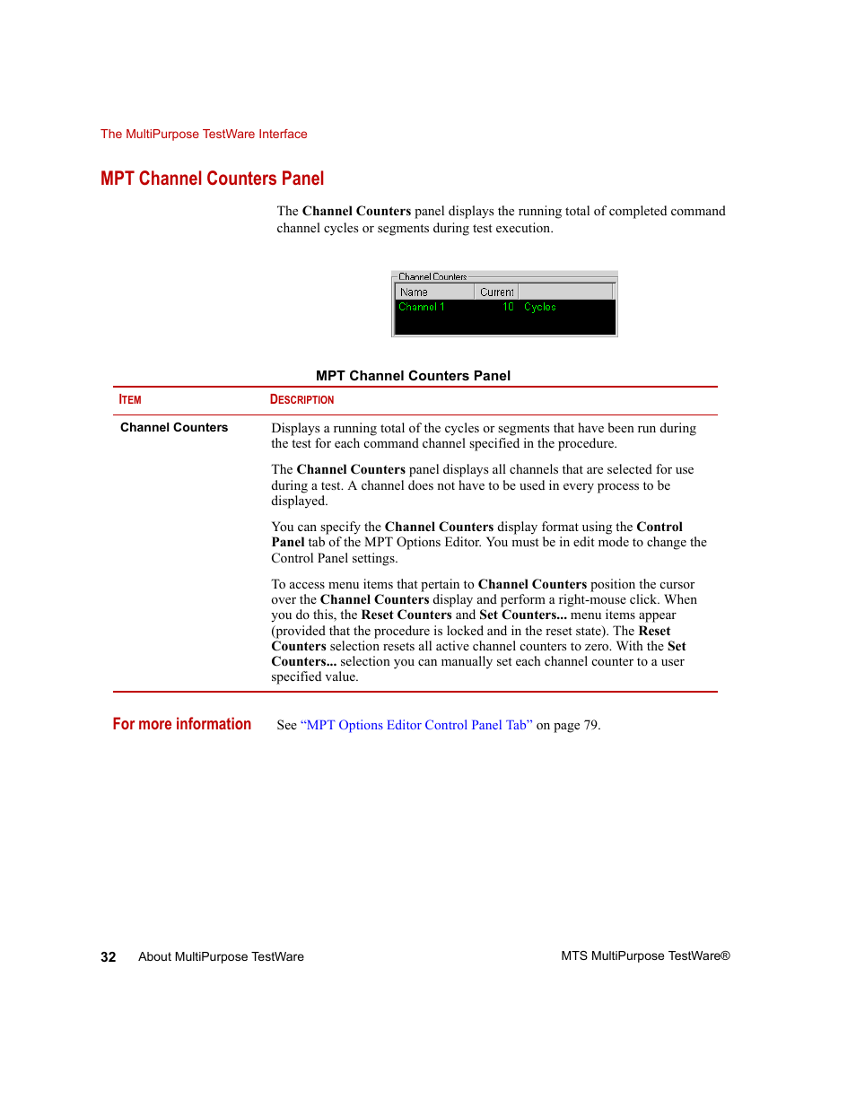Mpt channel counters panel, Mpt channel counters panel 32 | MTS Series 793 Application User Manual | Page 32 / 576
