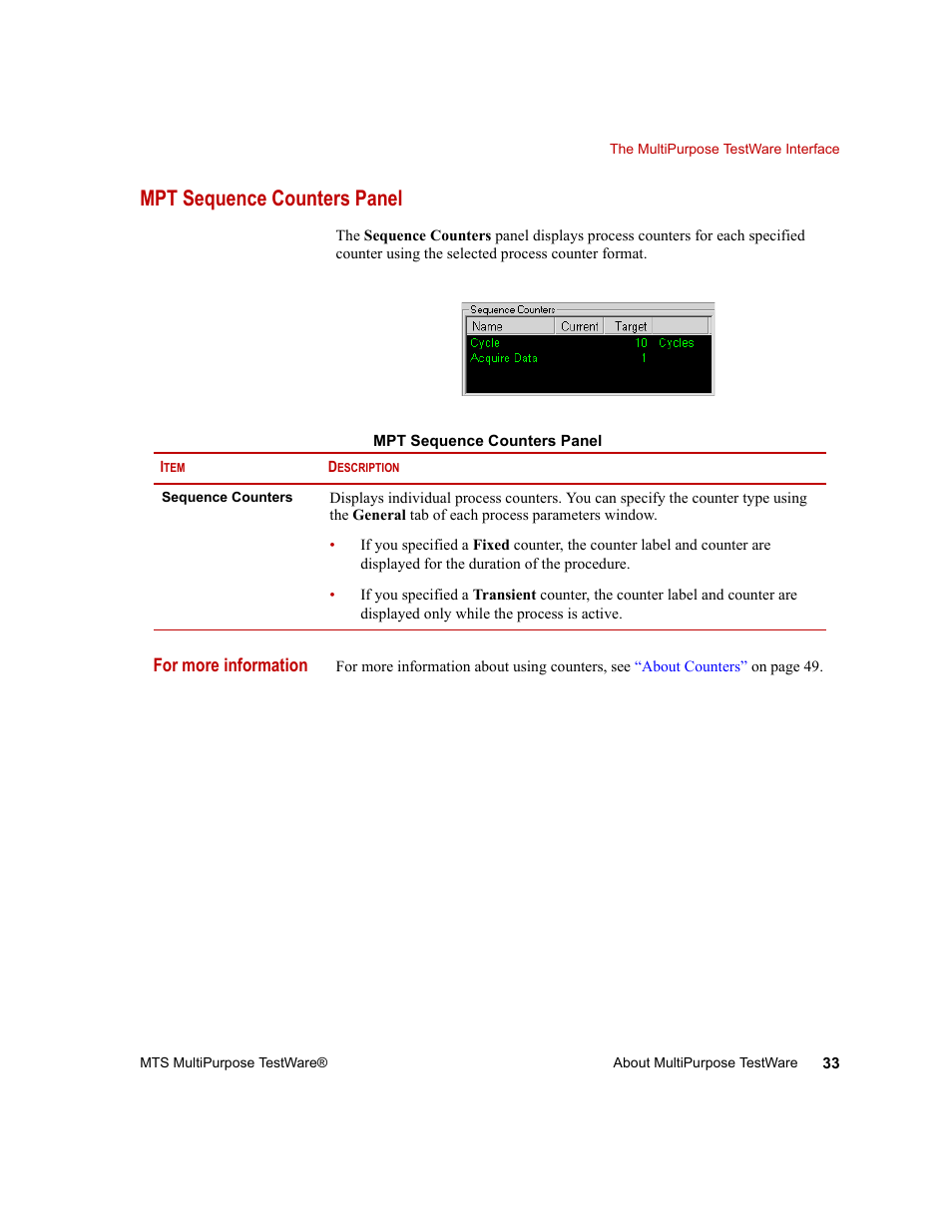 Mpt sequence counters panel, Mpt sequence counters panel 33 | MTS Series 793 Application User Manual | Page 33 / 576