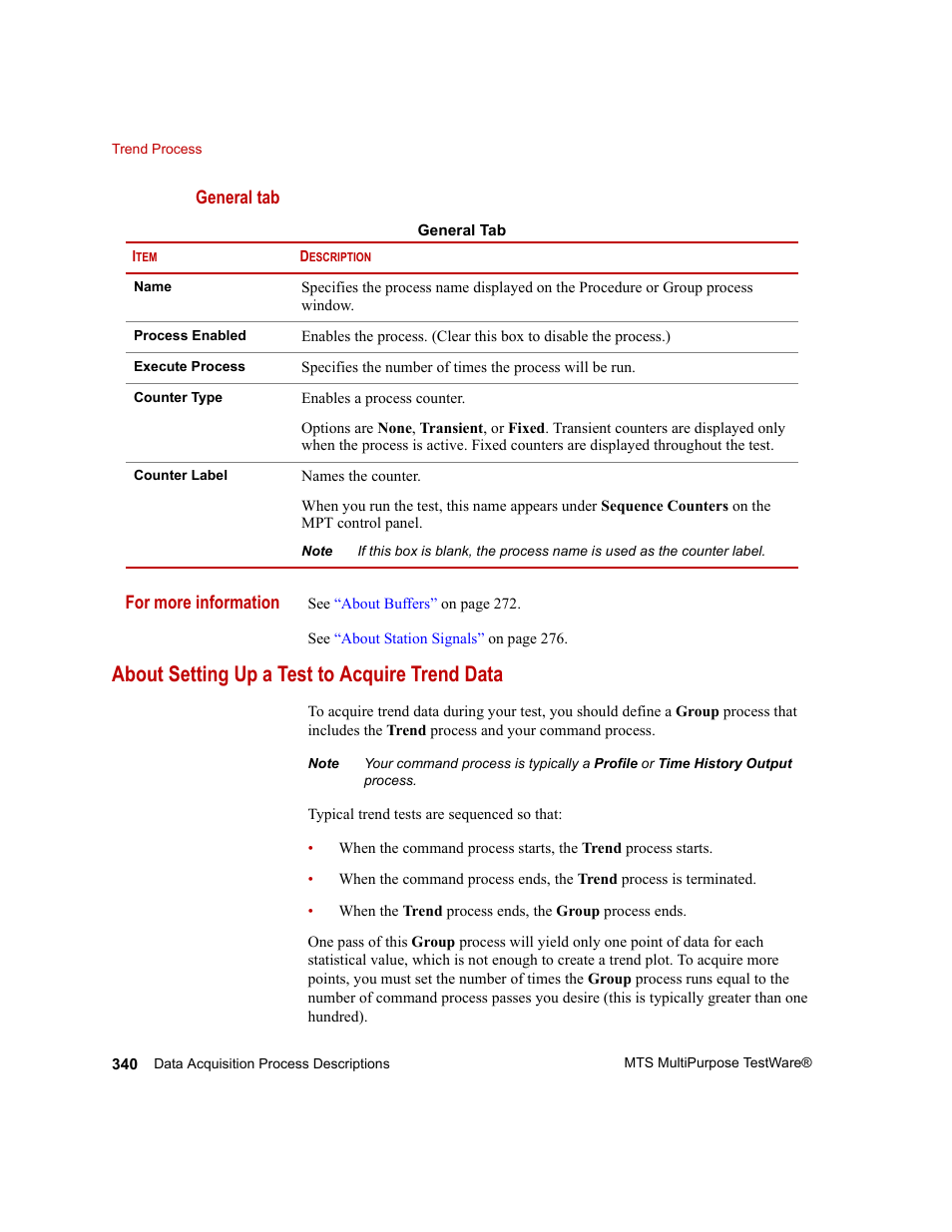 About setting up a test to acquire trend data | MTS Series 793 Application User Manual | Page 340 / 576