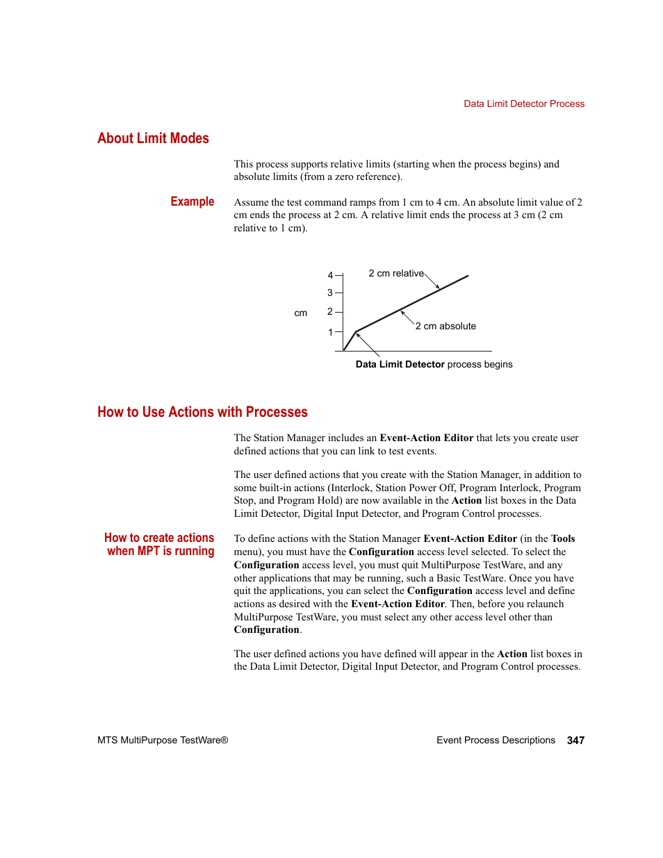 About limit modes, How to use actions with processes | MTS Series 793 Application User Manual | Page 347 / 576