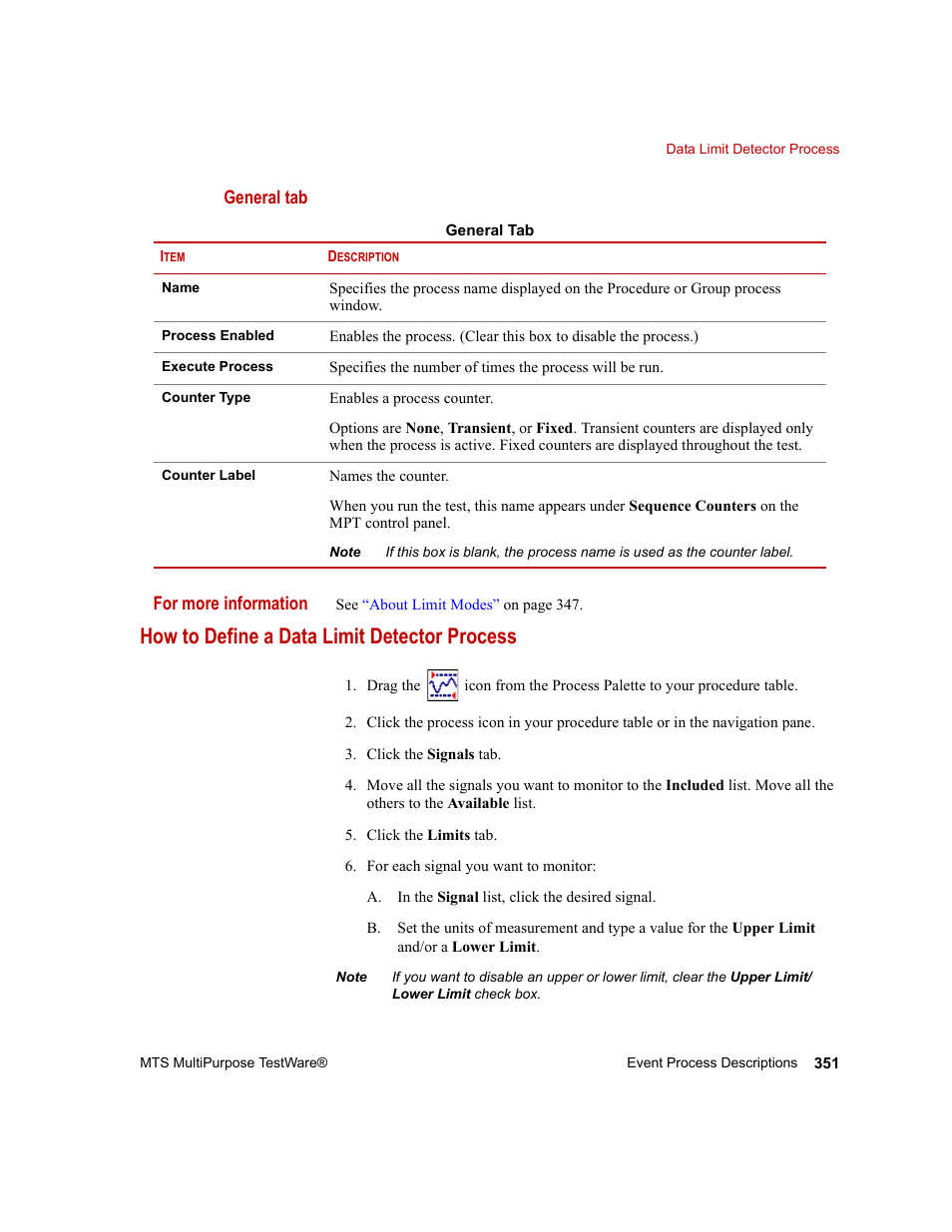 How to define a data limit detector process | MTS Series 793 Application User Manual | Page 351 / 576
