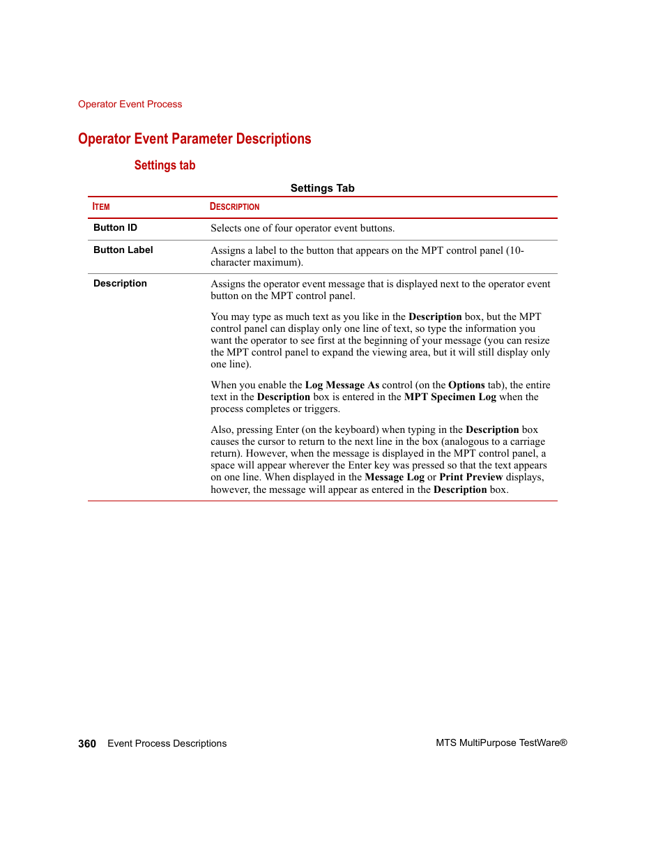 Operator event parameter descriptions | MTS Series 793 Application User Manual | Page 360 / 576