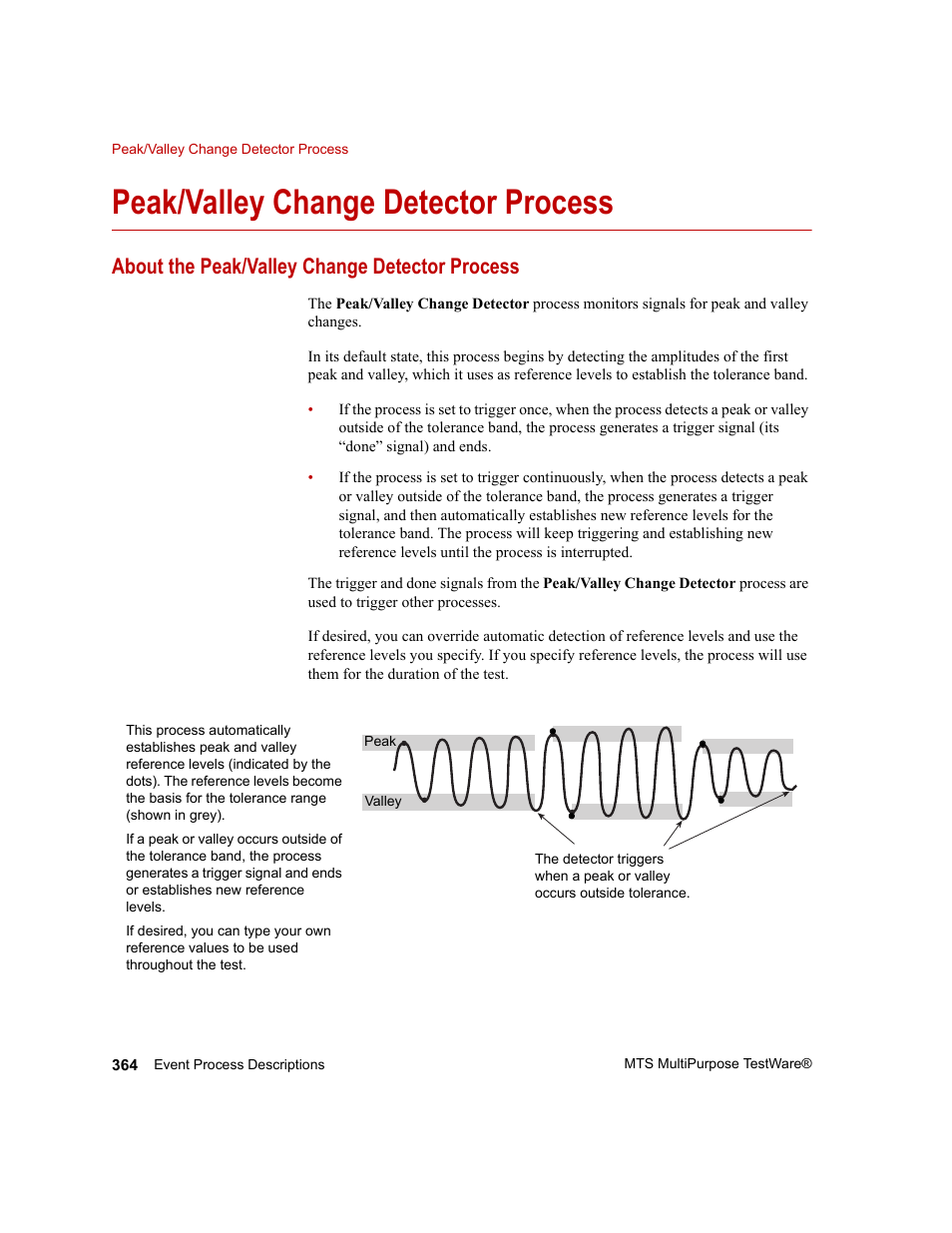 Peak/valley change detector process, About the peak/valley change detector process, Peak/valley change detector process 364 | MTS Series 793 Application User Manual | Page 364 / 576