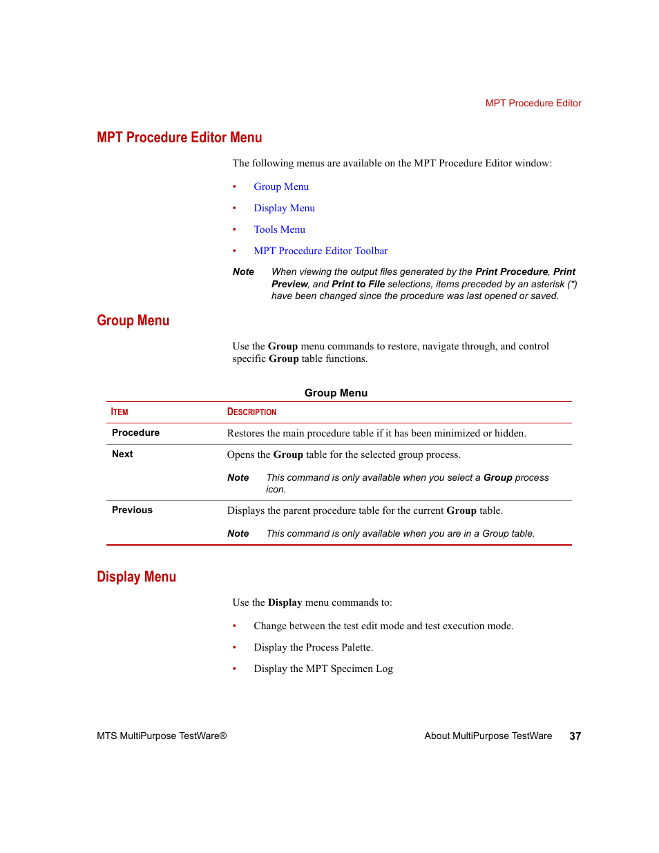 Mpt procedure editor menu, Group menu, Display menu | Mpt procedure editor menu 37, Group menu 37, Display menu 37 | MTS Series 793 Application User Manual | Page 37 / 576