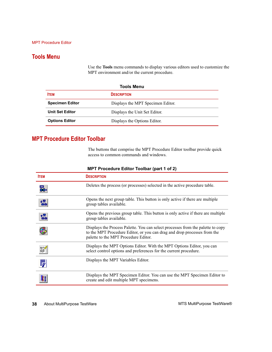 Tools menu, Mpt procedure editor toolbar, Tools menu 38 | Mpt procedure editor toolbar 38 | MTS Series 793 Application User Manual | Page 38 / 576
