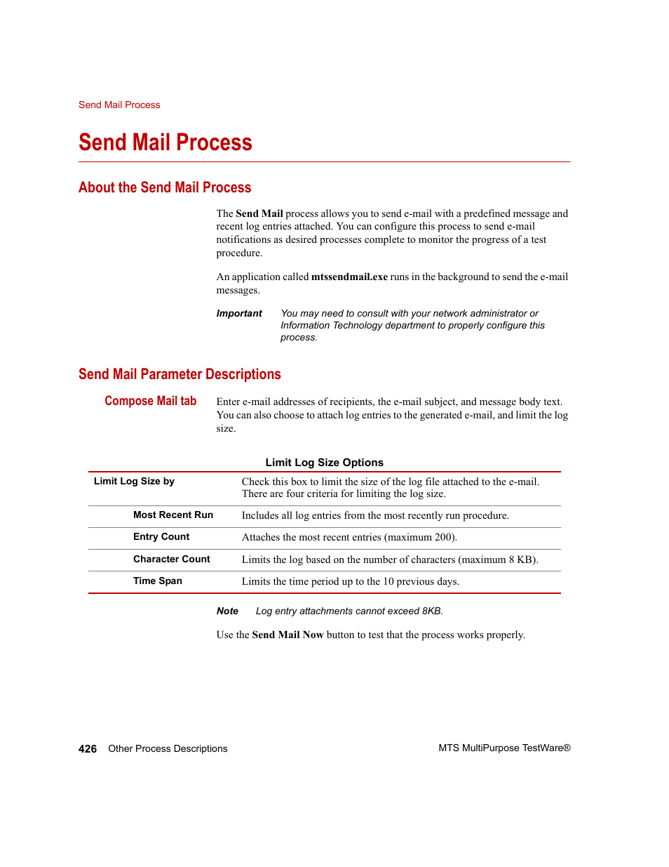 Send mail process, About the send mail process, Send mail parameter descriptions | Send mail process 426 | MTS Series 793 Application User Manual | Page 426 / 576