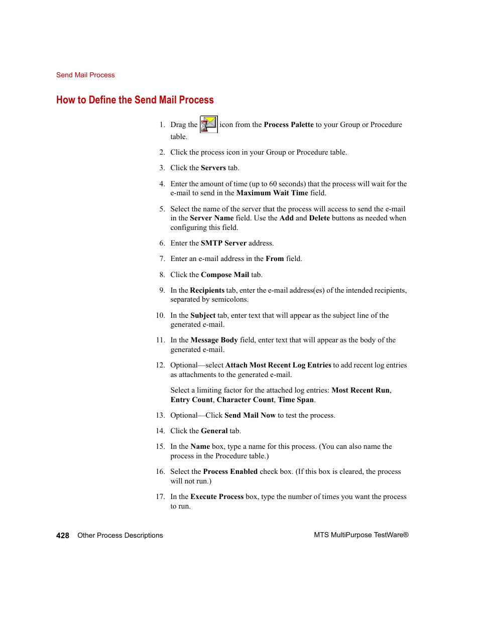 How to define the send mail process | MTS Series 793 Application User Manual | Page 428 / 576