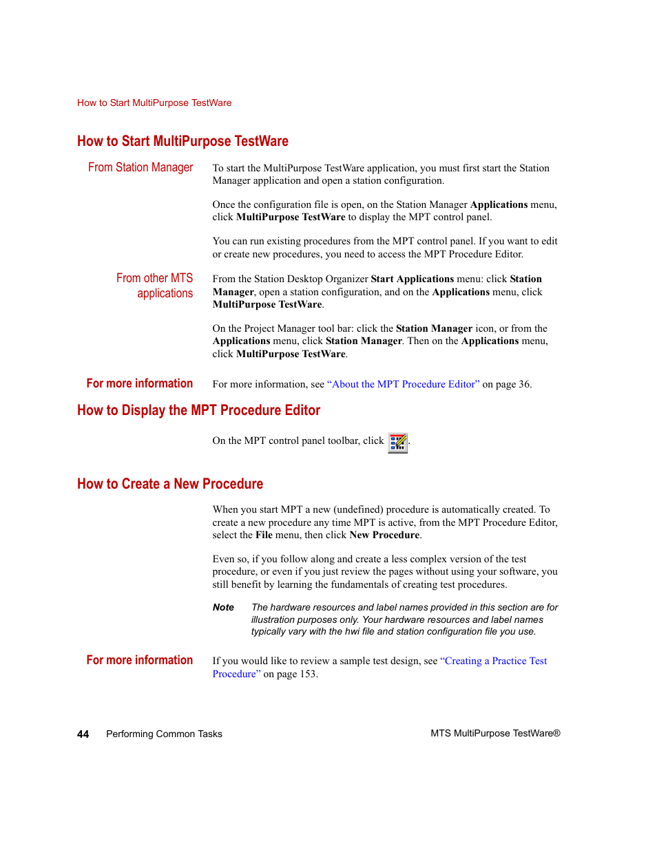 How to start multipurpose testware, How to display the mpt procedure editor, How to create a new procedure | How to start multipurpose testware 44, How to display the mpt procedure editor 44, How to create a new procedure 44 | MTS Series 793 Application User Manual | Page 44 / 576