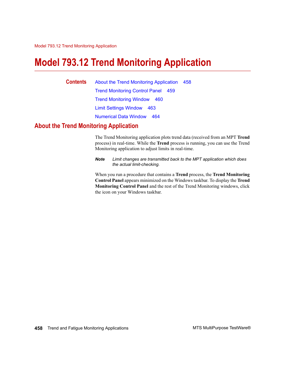 Model 793.12 trend monitoring application, About the trend monitoring application, Model 793.12 trend monitoring application 458 | MTS Series 793 Application User Manual | Page 458 / 576