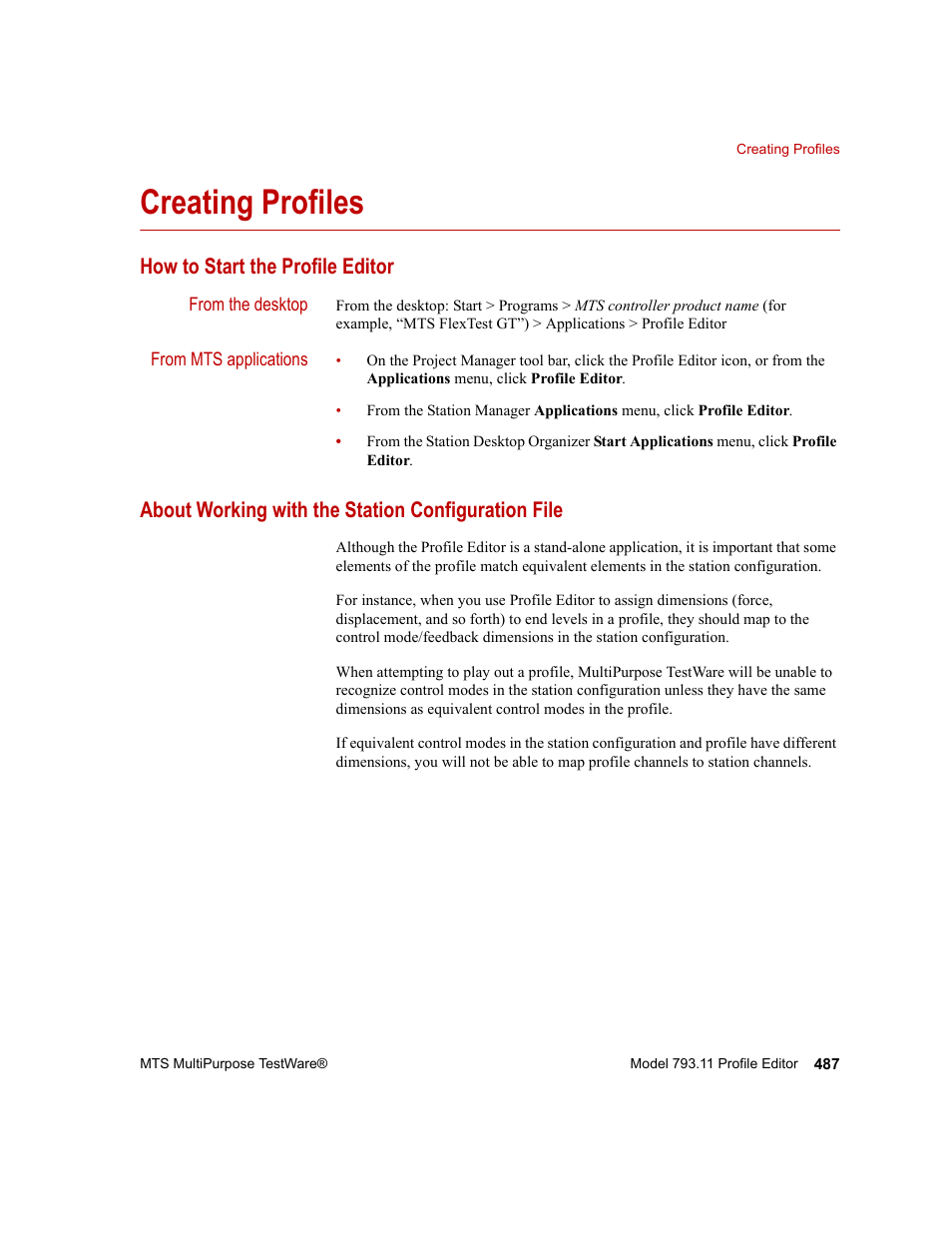 Creating profiles, How to start the profile editor, About working with the station configuration file | Creating profiles 487, How to start the profile editor 487 | MTS Series 793 Application User Manual | Page 487 / 576