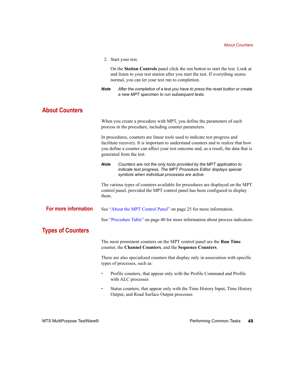 About counters, Types of counters, About counters 49 | Types of counters 49 | MTS Series 793 Application User Manual | Page 49 / 576