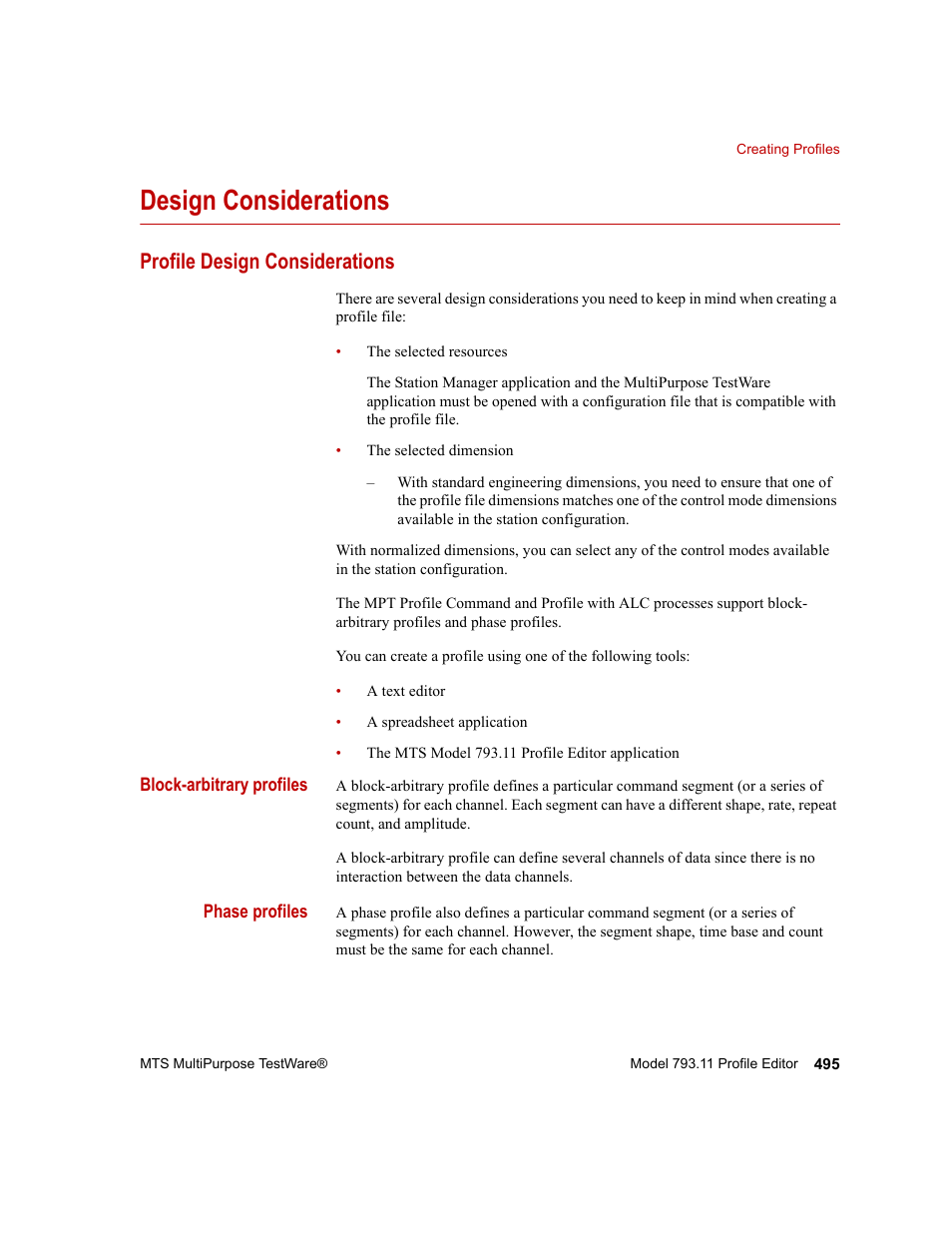 Design considerations, Profile design considerations, Design considerations 495 | Profile design considerations 495 | MTS Series 793 Application User Manual | Page 495 / 576