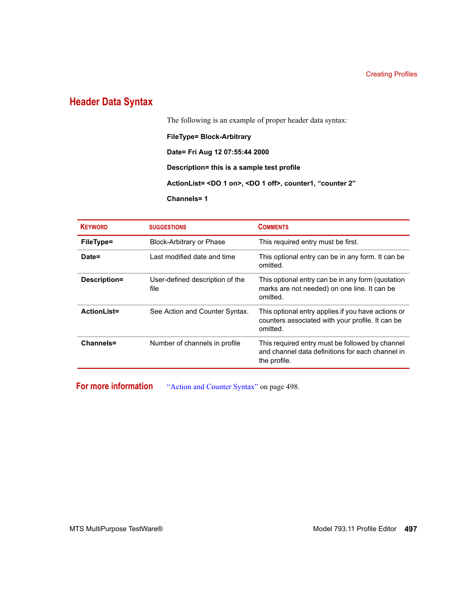 Header data syntax, Header data syntax 497, For more information | MTS Series 793 Application User Manual | Page 497 / 576