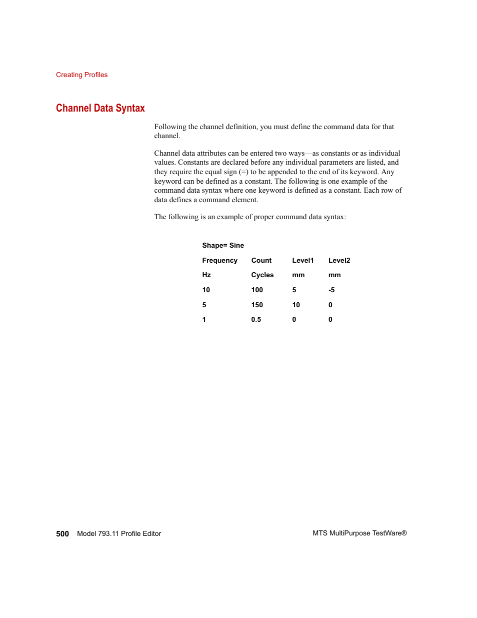 Channel data syntax, Channel data syntax 500 | MTS Series 793 Application User Manual | Page 500 / 576