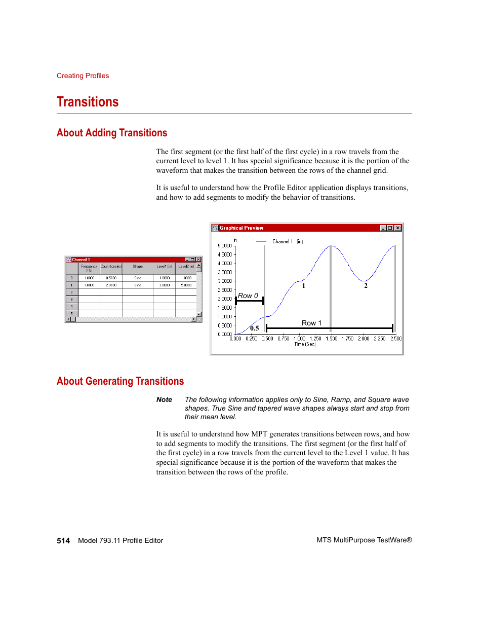 Transitions, About adding transitions, About generating transitions | Transitions 514, About adding transitions 514, About generating transitions 514 | MTS Series 793 Application User Manual | Page 514 / 576