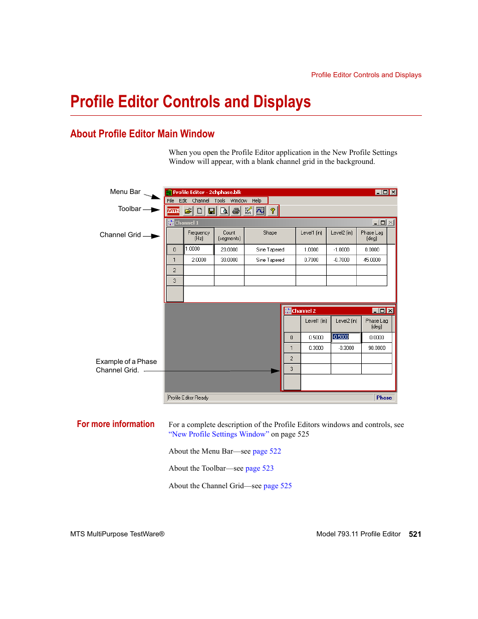 Profile editor controls and displays, About profile editor main window, Profile editor controls and displays 521 | About profile editor main window 521 | MTS Series 793 Application User Manual | Page 521 / 576