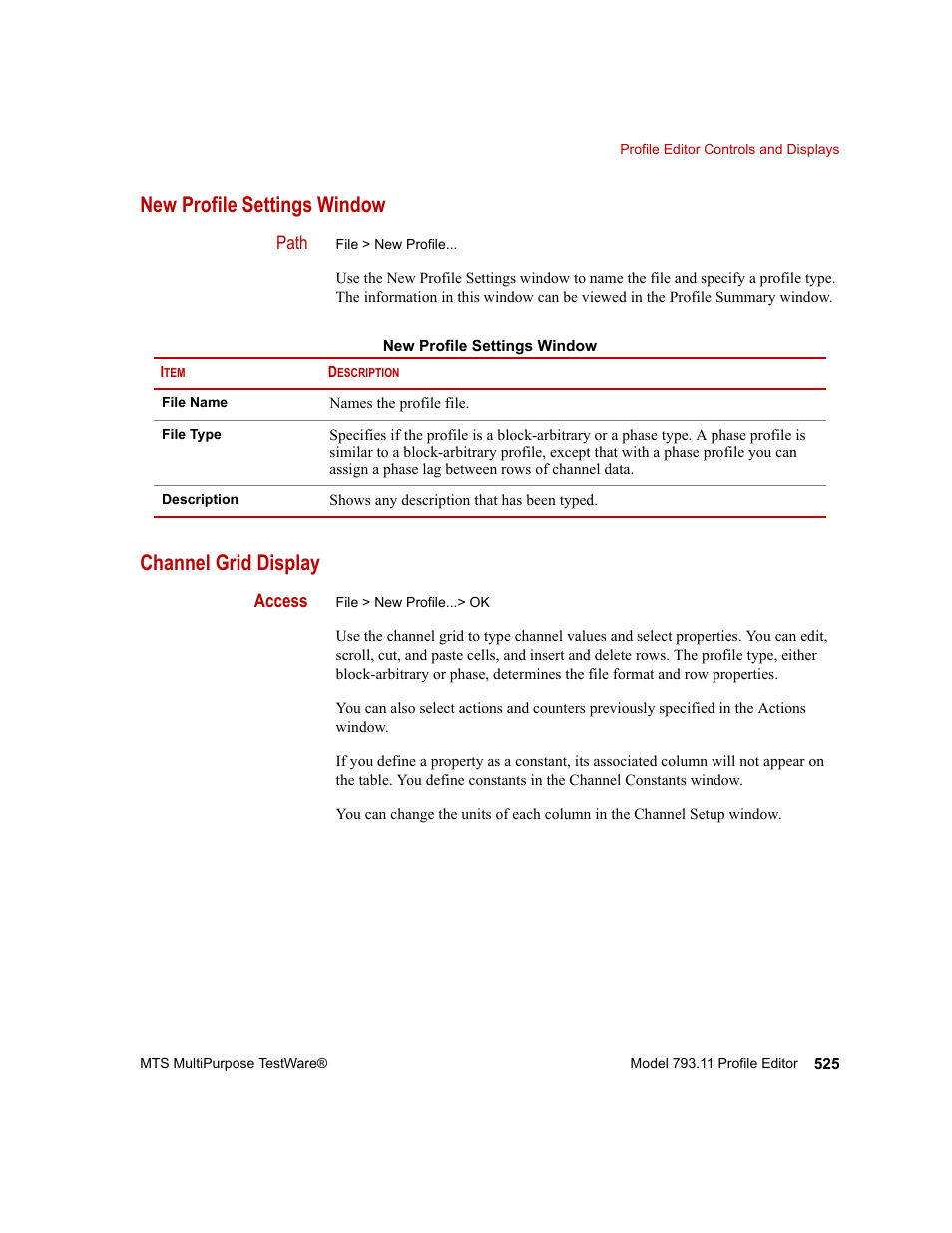 New profile settings window, Channel grid display, New profile settings window 525 | Channel grid display 525 | MTS Series 793 Application User Manual | Page 525 / 576