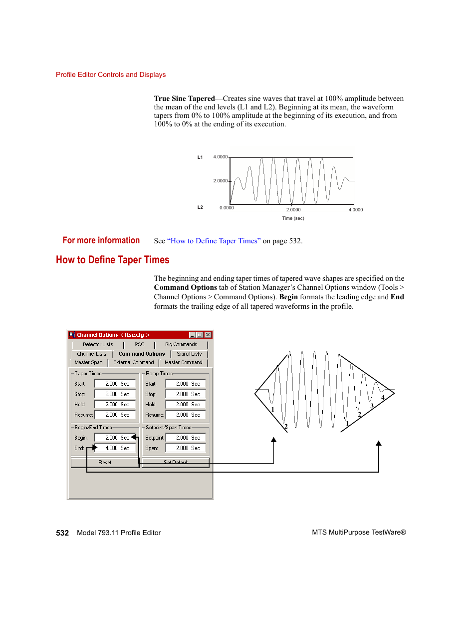 How to define taper times, How to define taper times 532, For more information | MTS Series 793 Application User Manual | Page 532 / 576