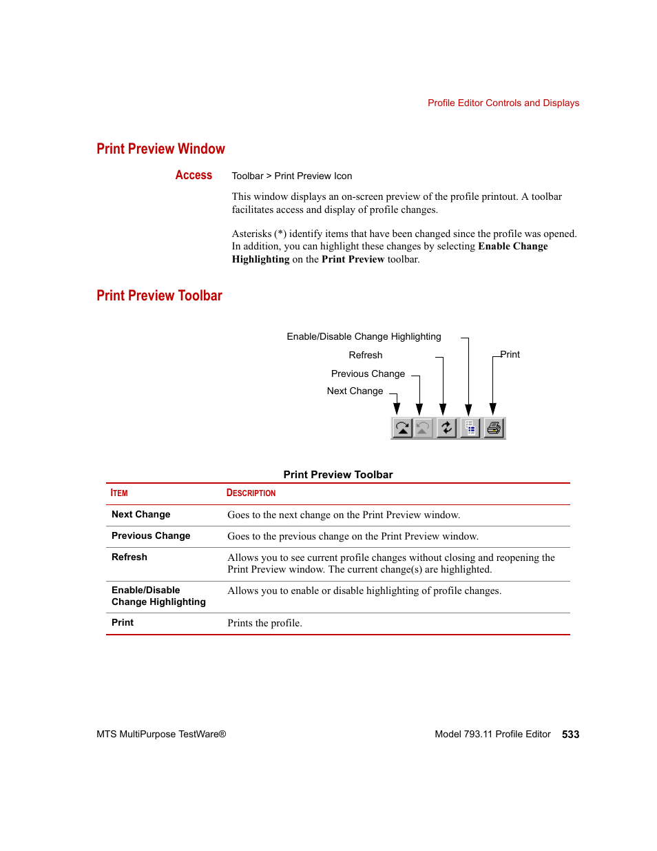 Print preview window, Print preview toolbar, Print preview window 533 | Print preview toolbar 533 | MTS Series 793 Application User Manual | Page 533 / 576
