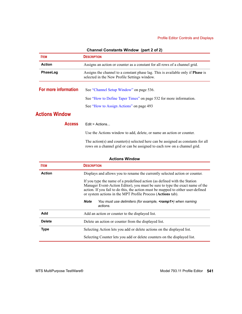 Actions window, Actions window 541 | MTS Series 793 Application User Manual | Page 541 / 576