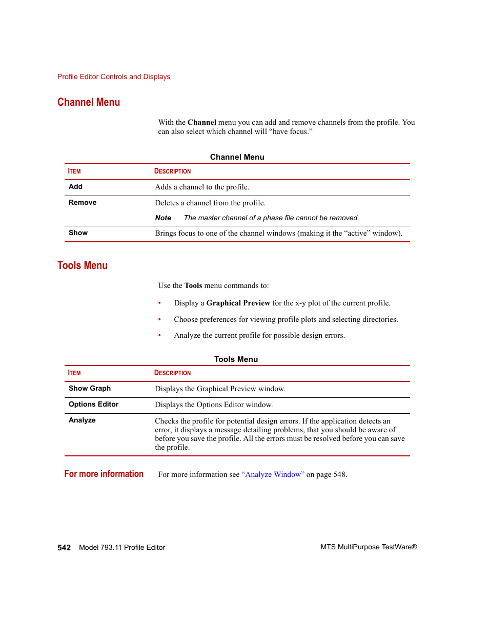 Channel menu, Tools menu, Channel menu 542 | Tools menu 542 | MTS Series 793 Application User Manual | Page 542 / 576
