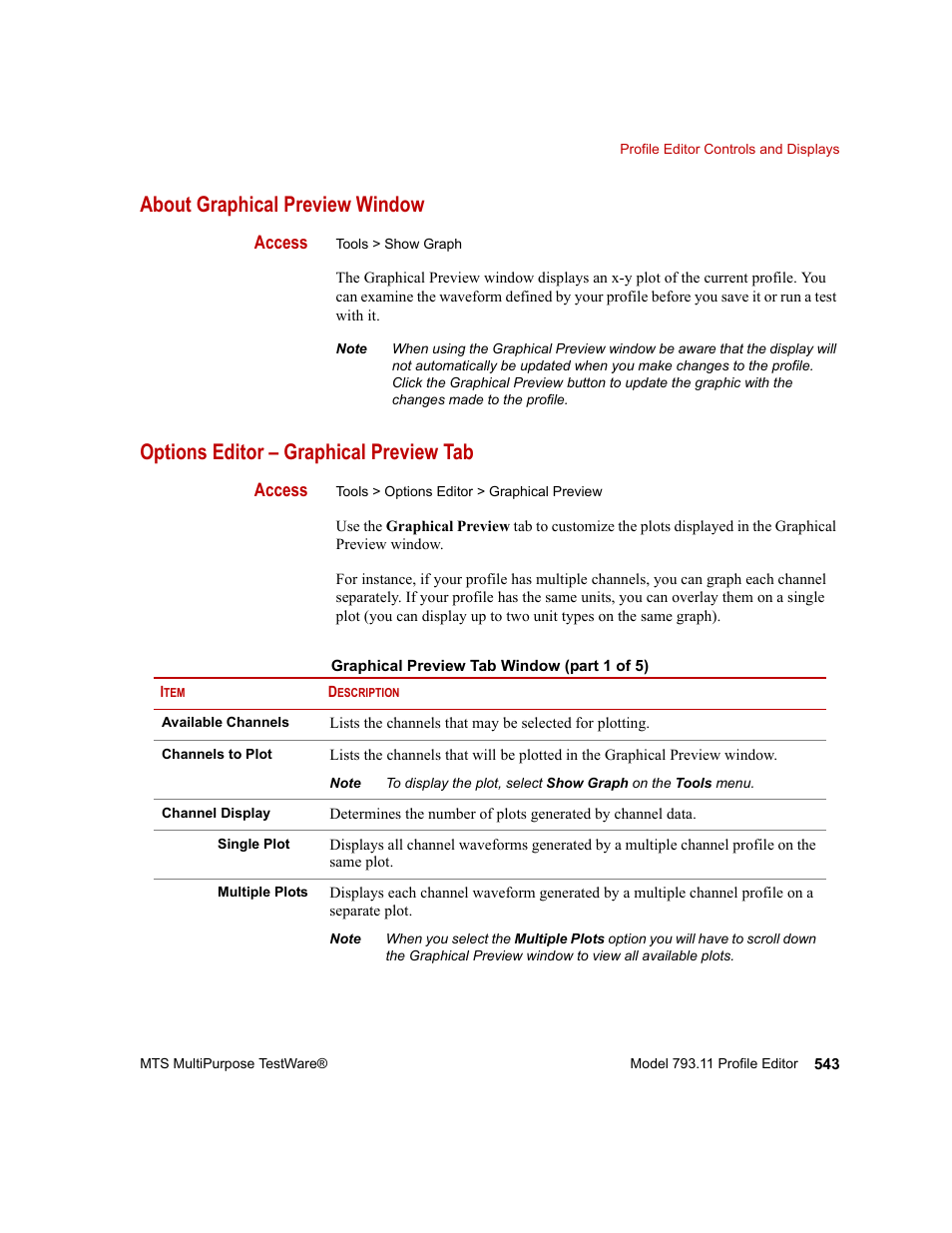 About graphical preview window, Options editor – graphical preview tab, About graphical preview window 543 | Options editor – graphical preview tab 543 | MTS Series 793 Application User Manual | Page 543 / 576