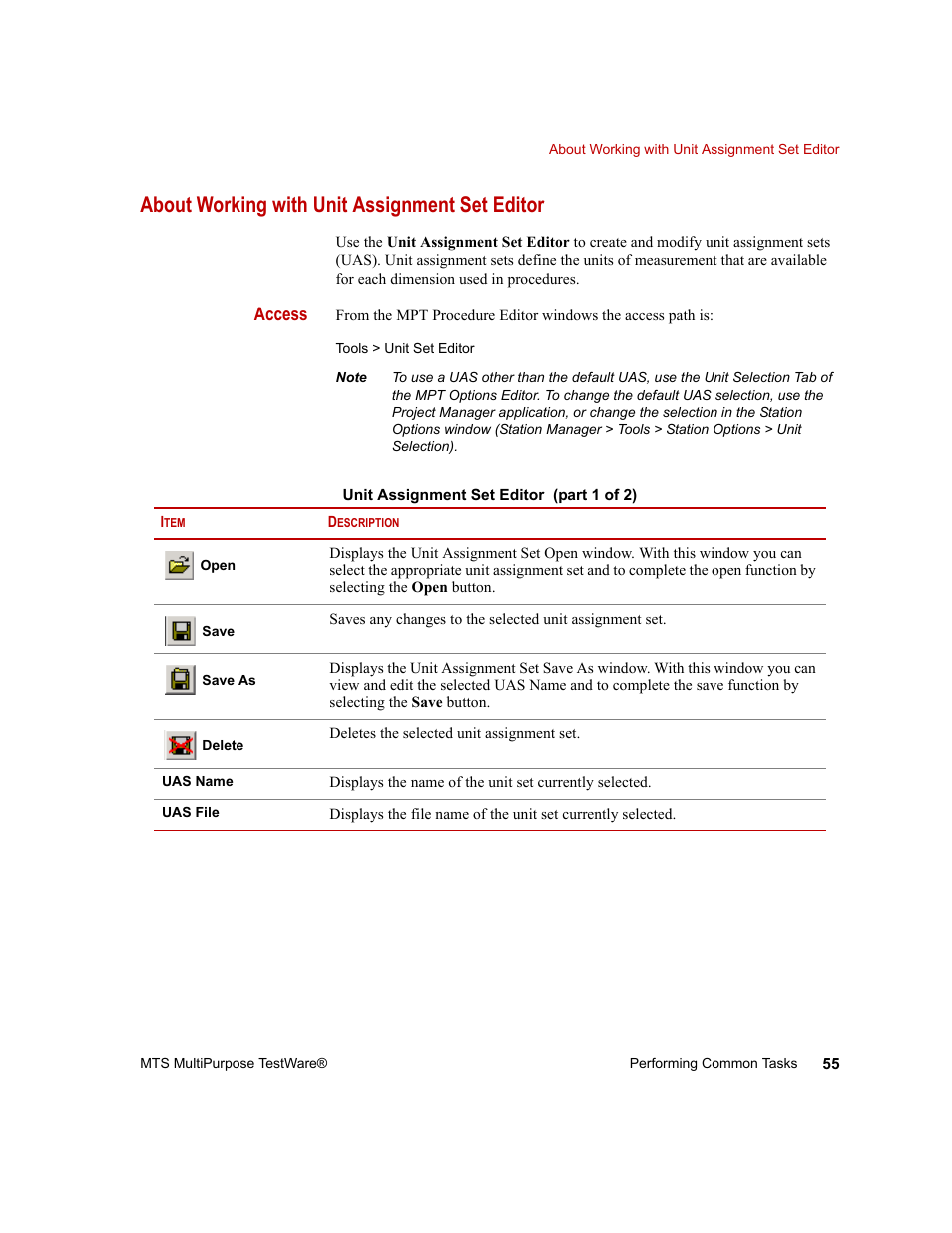 About working with unit assignment set editor, About working with unit assignment set editor 55 | MTS Series 793 Application User Manual | Page 55 / 576