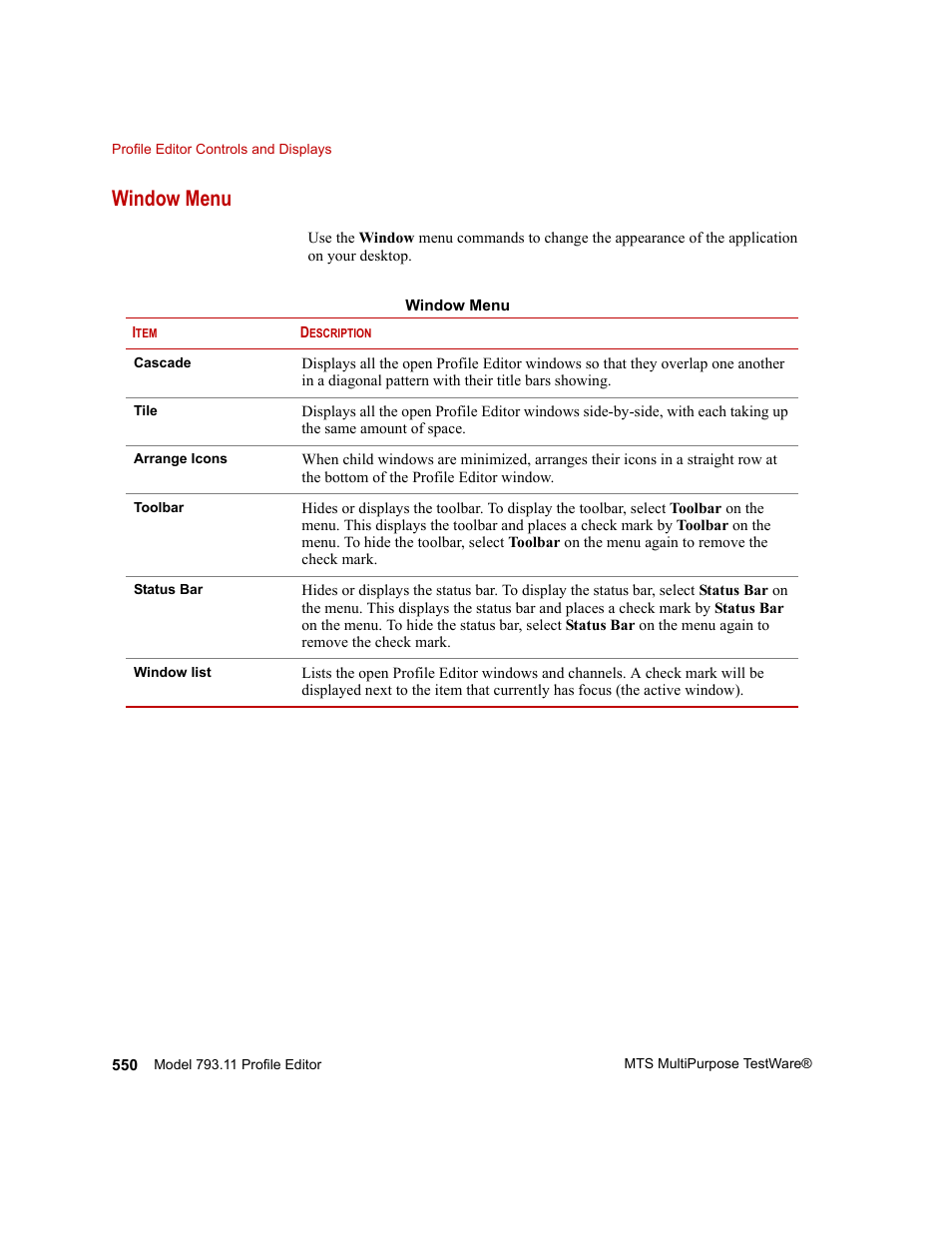 Window menu, Window menu 550, Menu, see | MTS Series 793 Application User Manual | Page 550 / 576