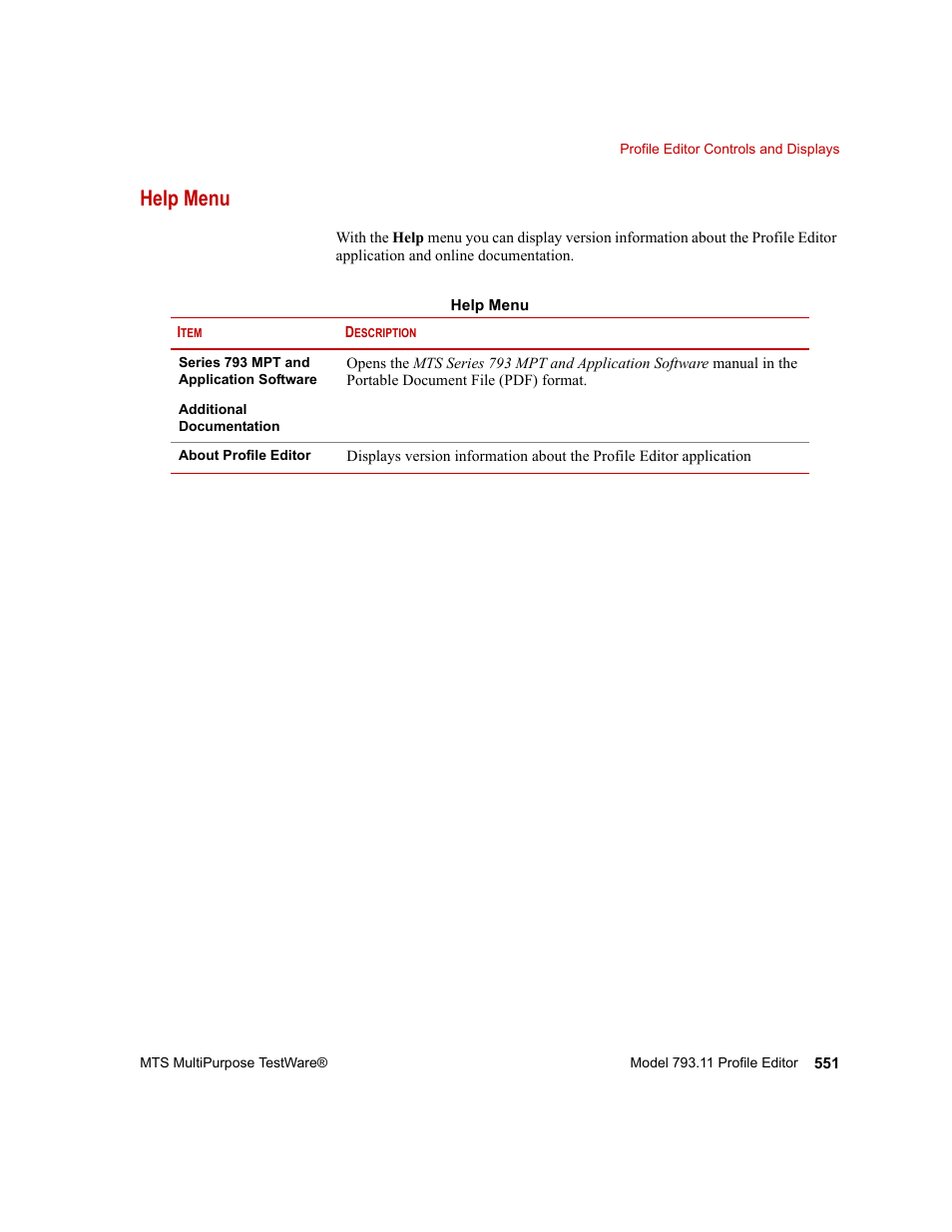 Help menu, Help menu 551 | MTS Series 793 Application User Manual | Page 551 / 576