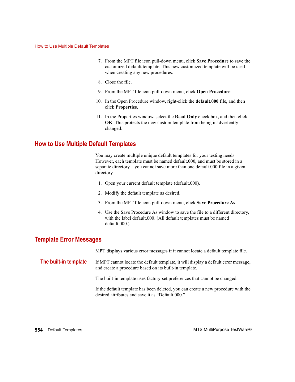 How to use multiple default templates, Template error messages | MTS Series 793 Application User Manual | Page 554 / 576