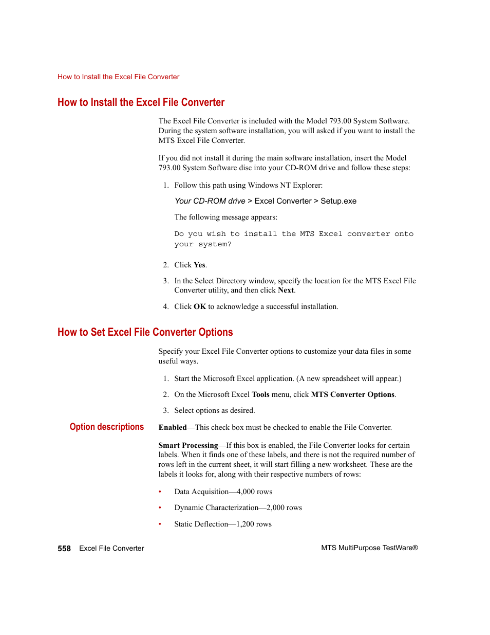 How to install the excel file converter, How to set excel file converter options | MTS Series 793 Application User Manual | Page 558 / 576