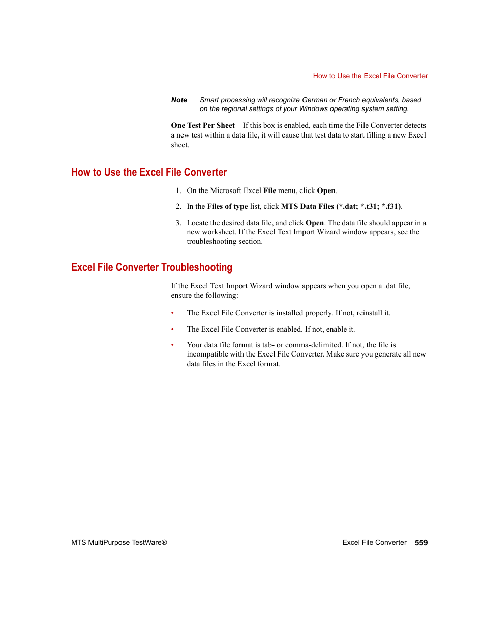 How to use the excel file converter, Excel file converter troubleshooting | MTS Series 793 Application User Manual | Page 559 / 576