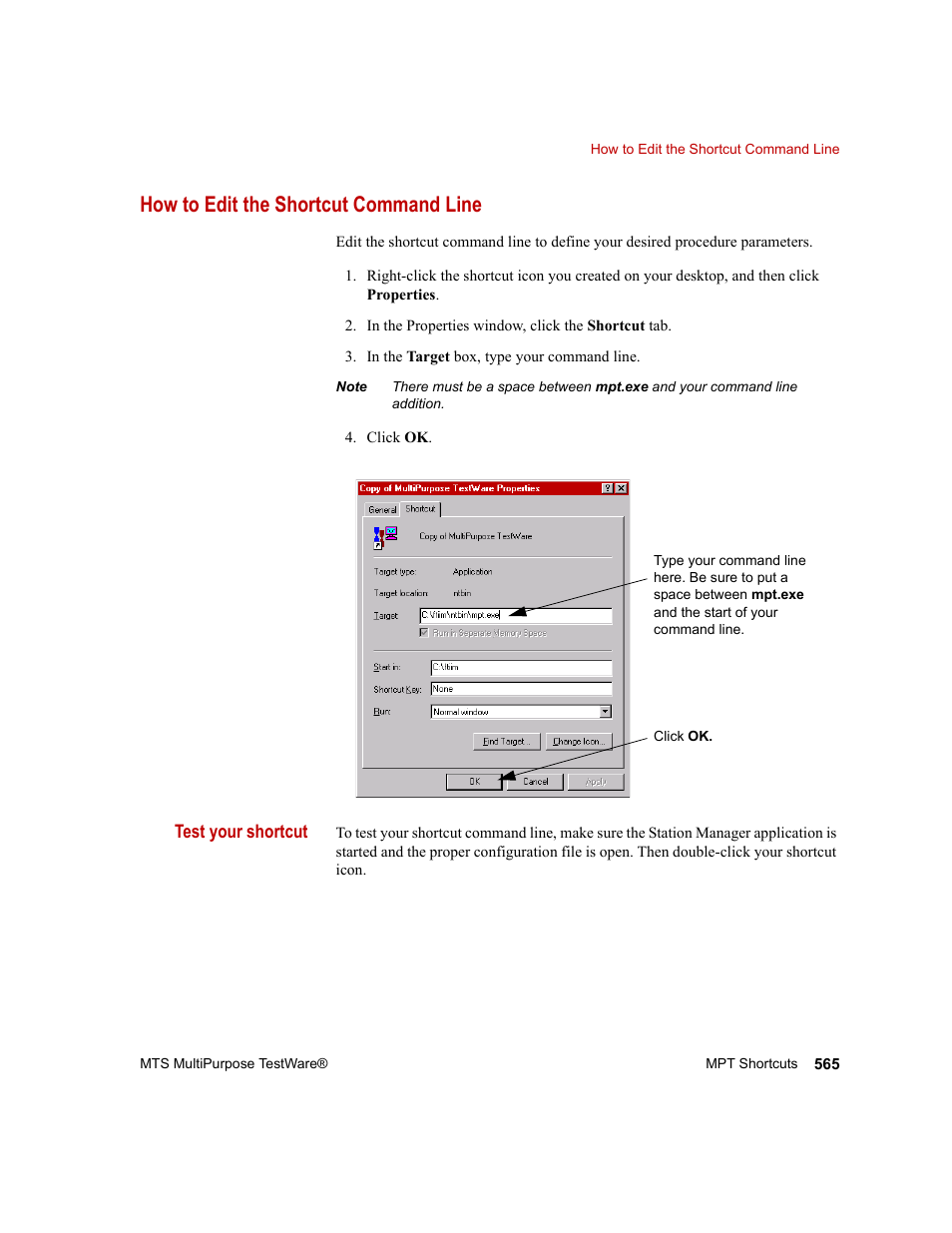 How to edit the shortcut command line | MTS Series 793 Application User Manual | Page 565 / 576