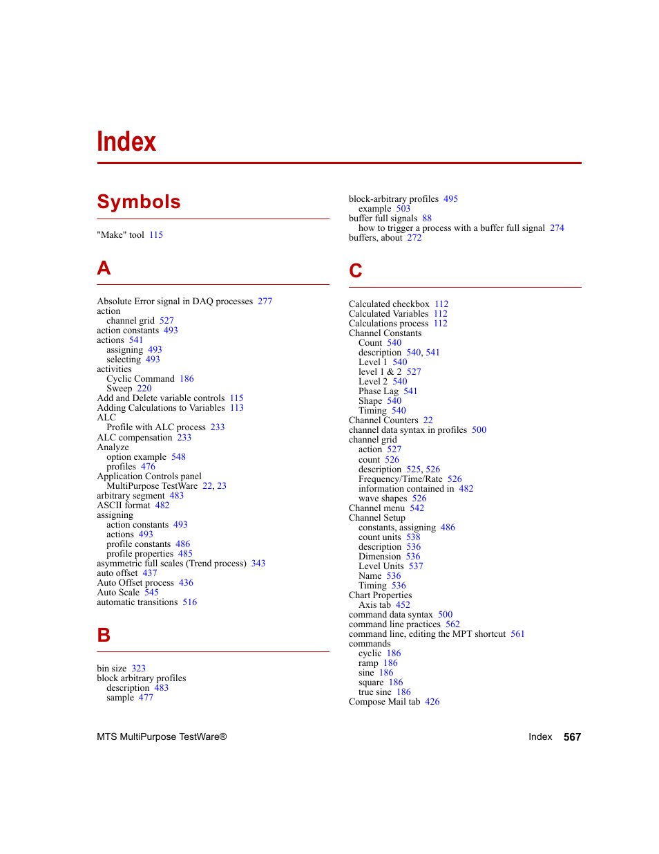 Index, Index 567, Symbols | MTS Series 793 Application User Manual | Page 567 / 576