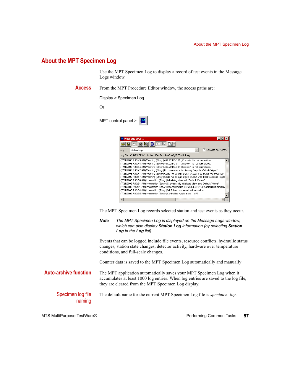About the mpt specimen log, About the mpt specimen log 57 | MTS Series 793 Application User Manual | Page 57 / 576