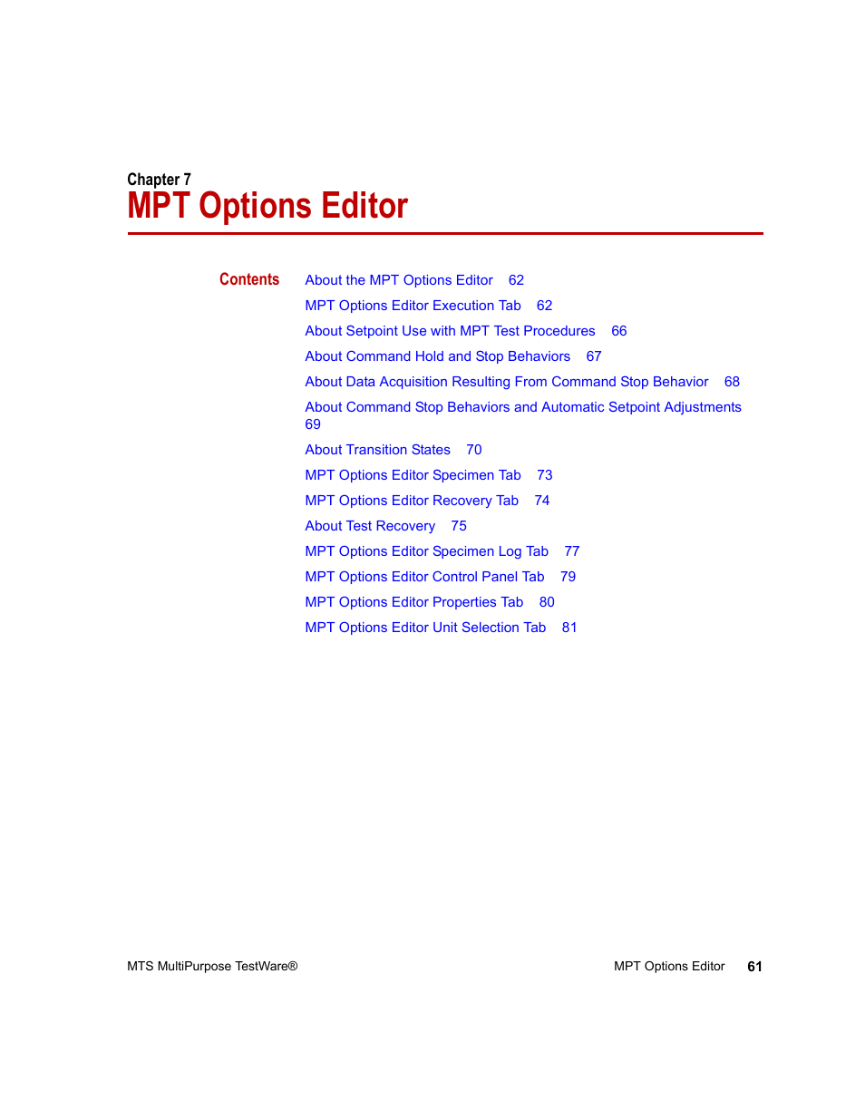 Mpt options editor, Chapter 7, Mpt options editor 61 | MTS Series 793 Application User Manual | Page 61 / 576