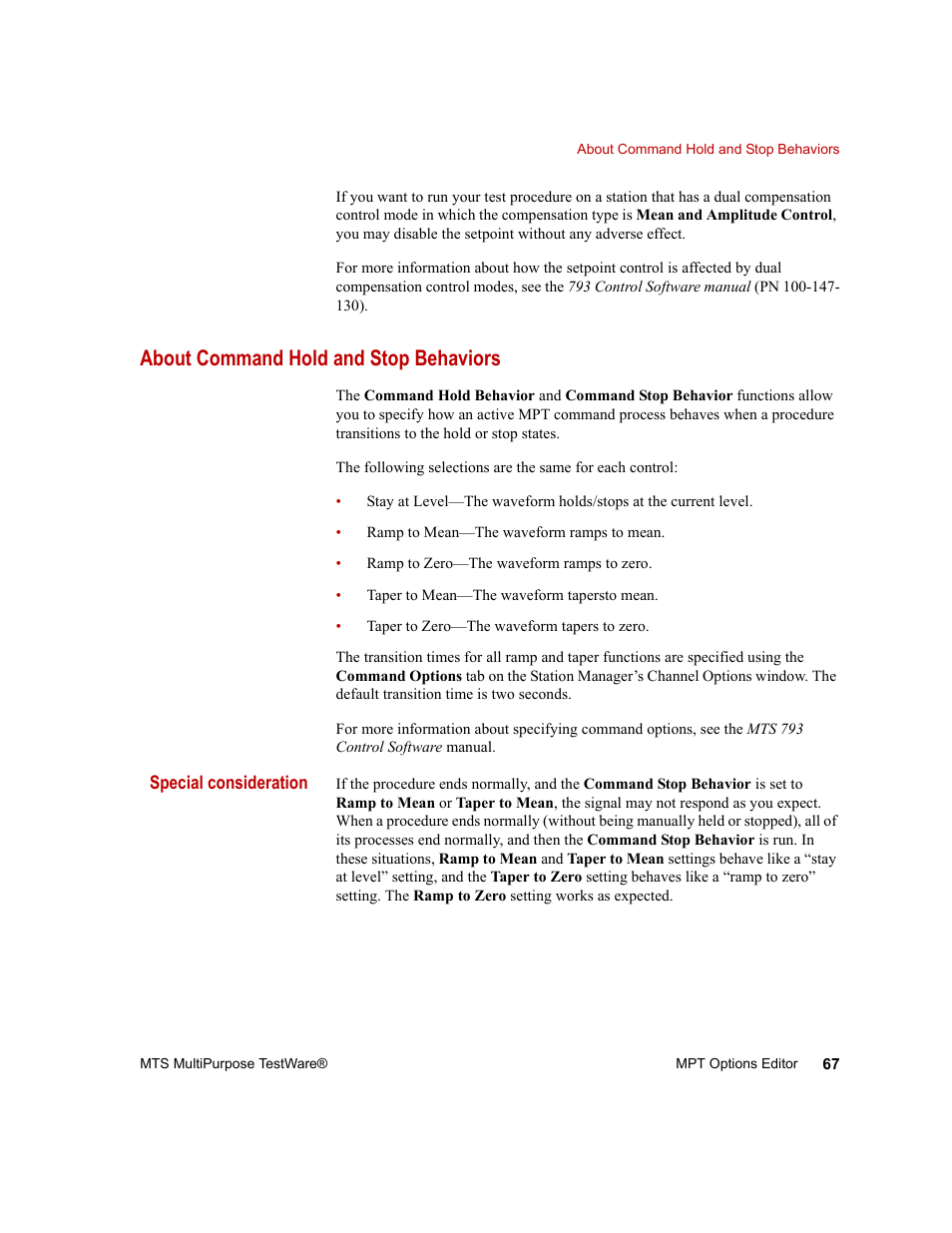 About command hold and stop behaviors, About command hold and stop behaviors 67, About | Command hold and stop behaviors | MTS Series 793 Application User Manual | Page 67 / 576