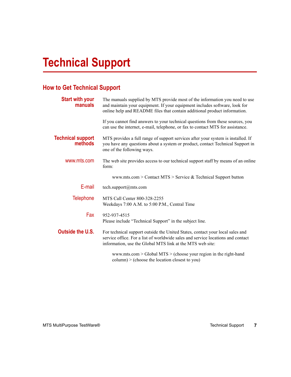 Technical support, How to get technical support, Technical support 7 | MTS Series 793 Application User Manual | Page 7 / 576