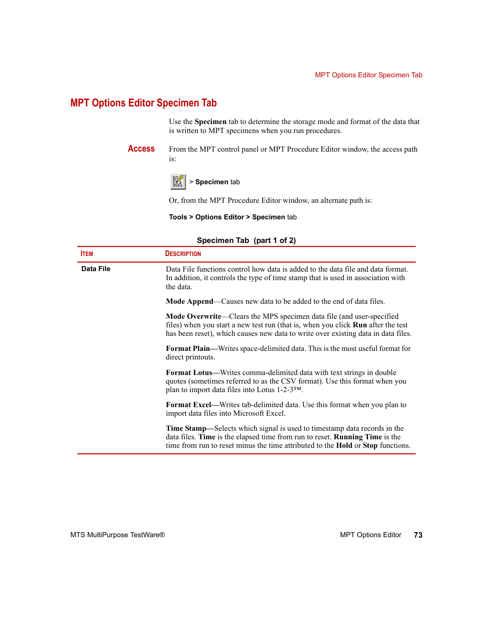 Mpt options editor specimen tab, Mpt options, Editor specimen tab | Mpt options editor specimen tab 73 | MTS Series 793 Application User Manual | Page 73 / 576