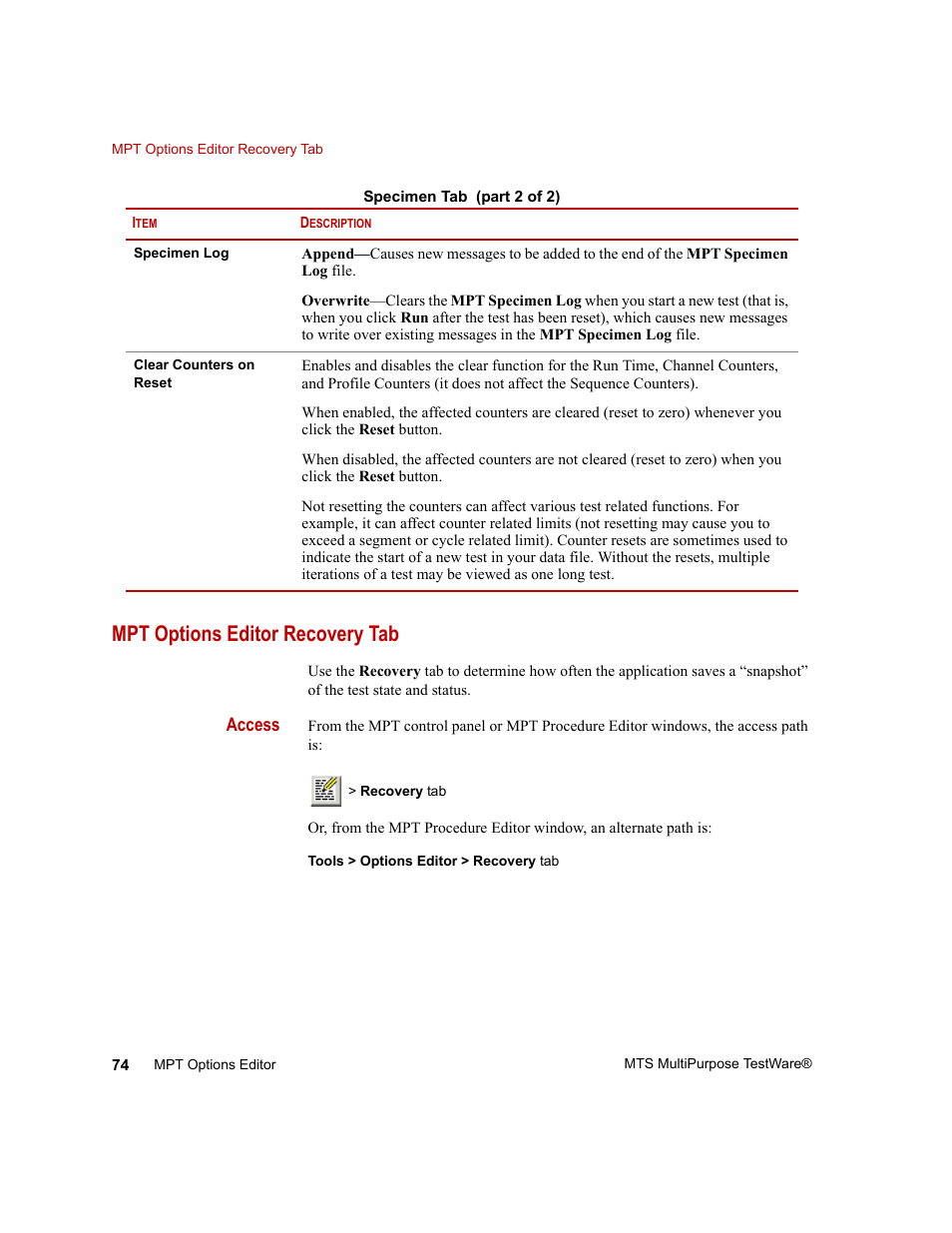 Mpt options editor recovery tab, Mpt options editor recovery tab 74 | MTS Series 793 Application User Manual | Page 74 / 576