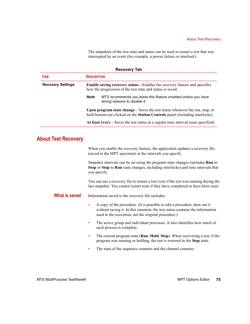 About test recovery, About test recovery 75 | MTS Series 793 Application User Manual | Page 75 / 576