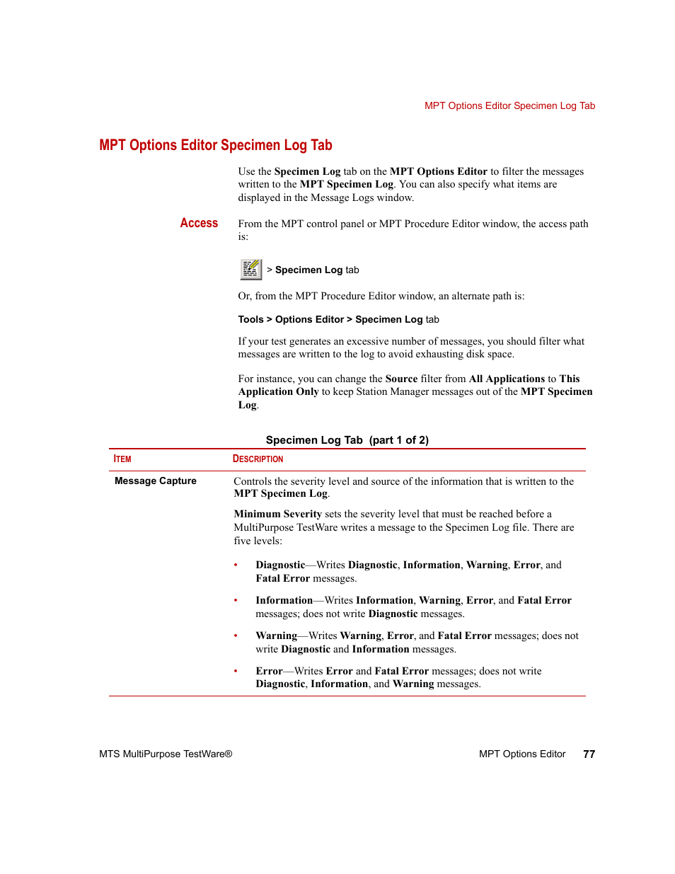 Mpt options editor specimen log tab, Mpt options editor specimen log tab 77 | MTS Series 793 Application User Manual | Page 77 / 576