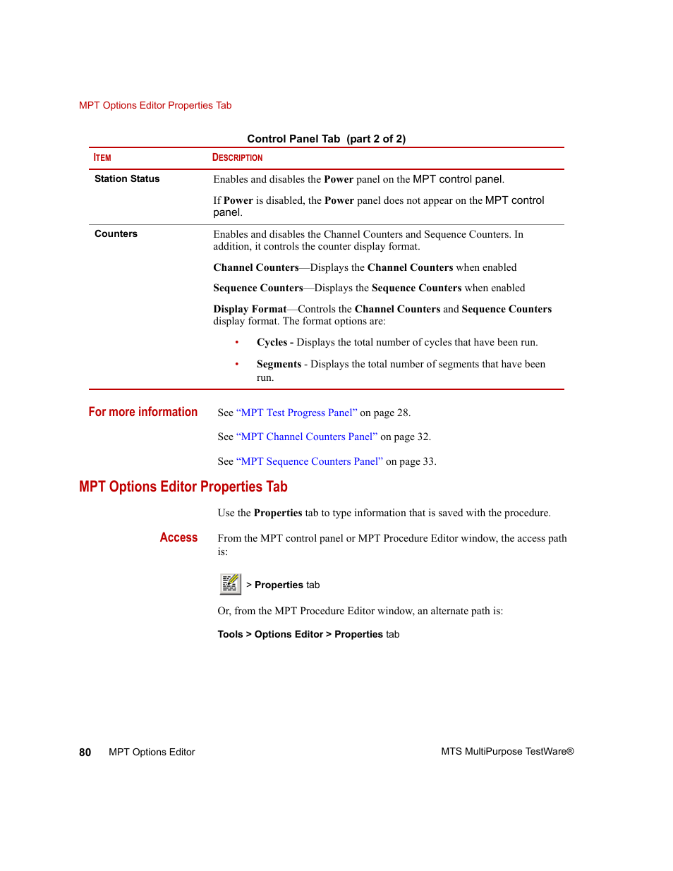 Mpt options editor properties tab, Mpt options editor properties tab 80 | MTS Series 793 Application User Manual | Page 80 / 576