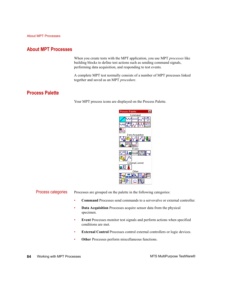 About mpt processes, Process palette, About mpt processes 84 | Process palette 84 | MTS Series 793 Application User Manual | Page 84 / 576