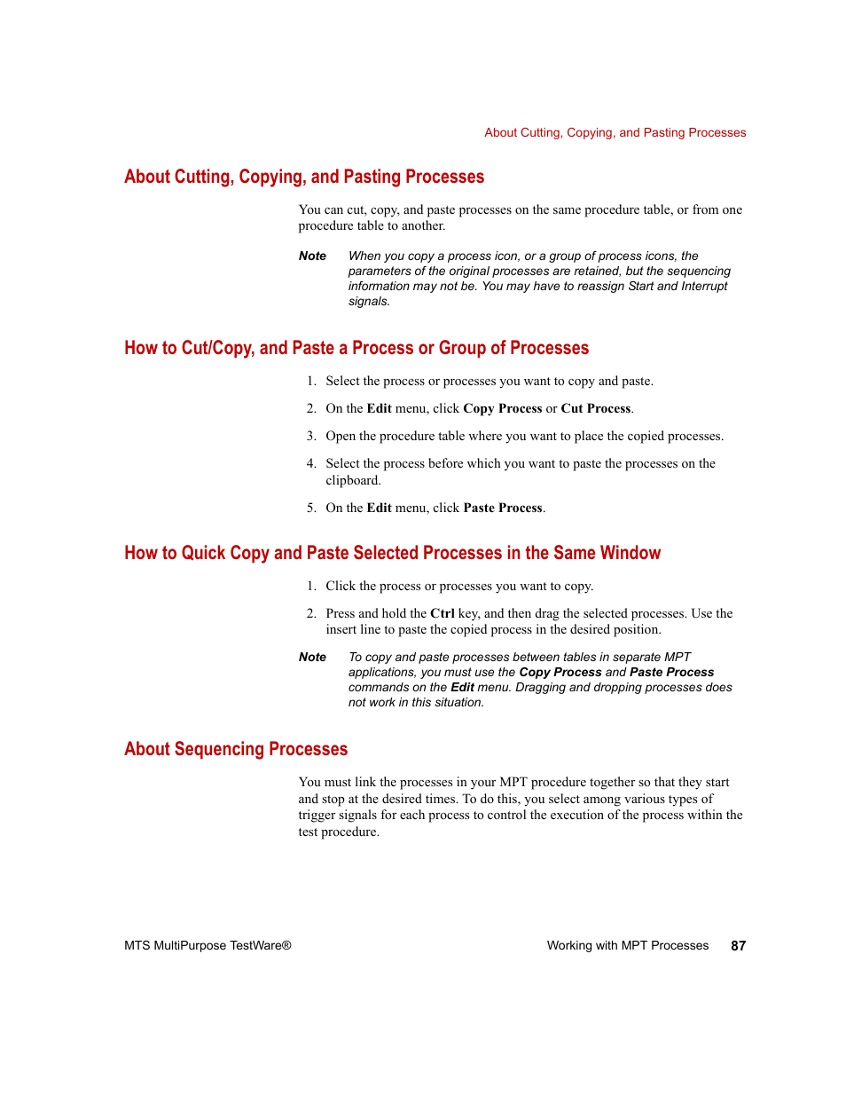 About cutting, copying, and pasting processes, About sequencing processes, About cutting, copying, and pasting processes 87 | About sequencing processes 87 | MTS Series 793 Application User Manual | Page 87 / 576