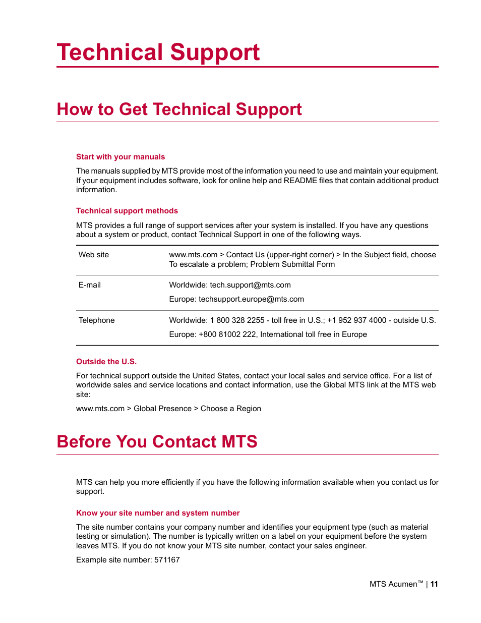 Technical support, How to get technical support, Before you contact mts | MTS Acumen User Manual | Page 11 / 208