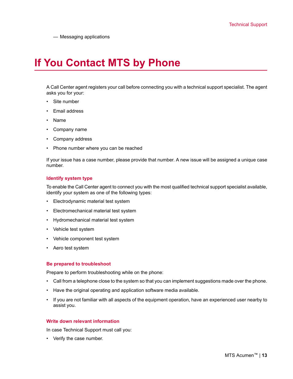 If you contact mts by phone | MTS Acumen User Manual | Page 13 / 208